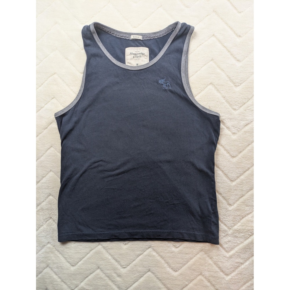 Abercrombie & Fitch Mens Muscle Fit Tank Top Navy Blue Grey Trim Moose Logo M